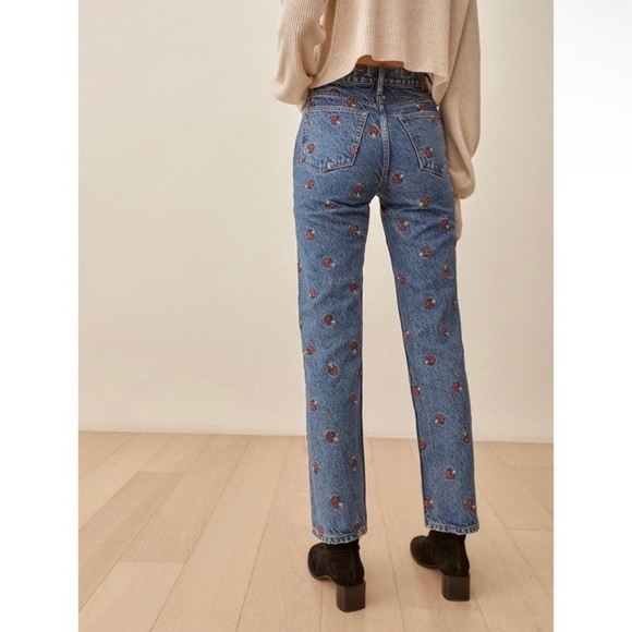Reformation Mushroom Embroidered High Rise Straight Jeans Size 23 - Picture 3 of 11